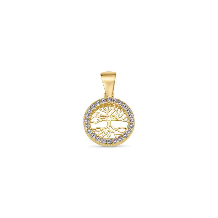 14 Karat Yellow Gold 11.5mm Reversible Tree of Life Clear or Clear Blue and Green CZ Studded Pendant