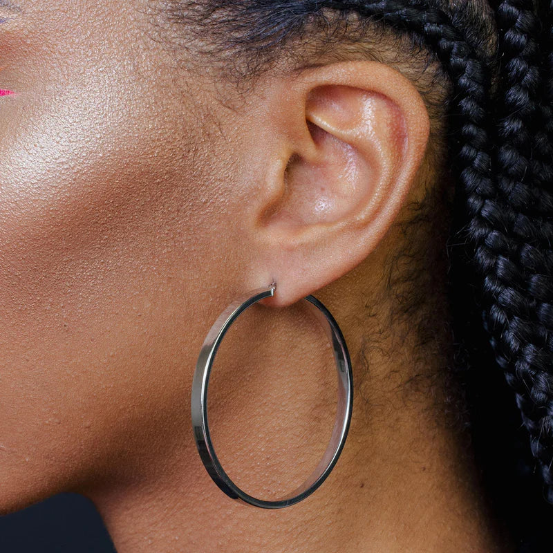 Rhodium Plated 925 Sterling Silver Electroforming Flat 4mm Hoop Earrings