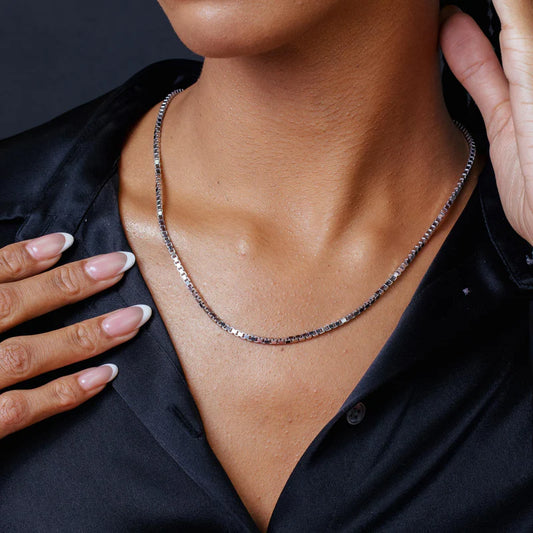 Rhodium Plated 925 Sterling Silver Box Chain 2.5mm 20"–30" – Made in Italy