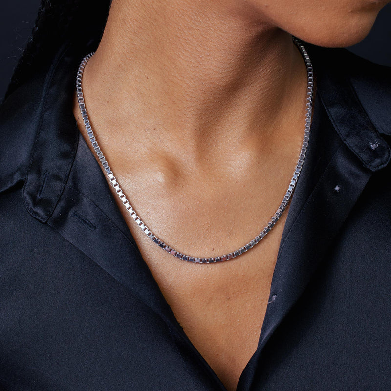 Rhodium Plated Box Chain Necklace – 925 Sterling Silver – 3mm – 20"–30" – Made in Italy