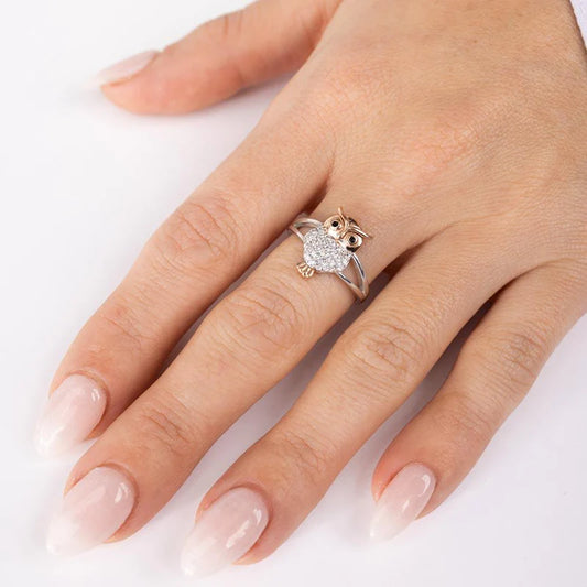 Two-Tone 925 Sterling Silver CZ Owl Ring