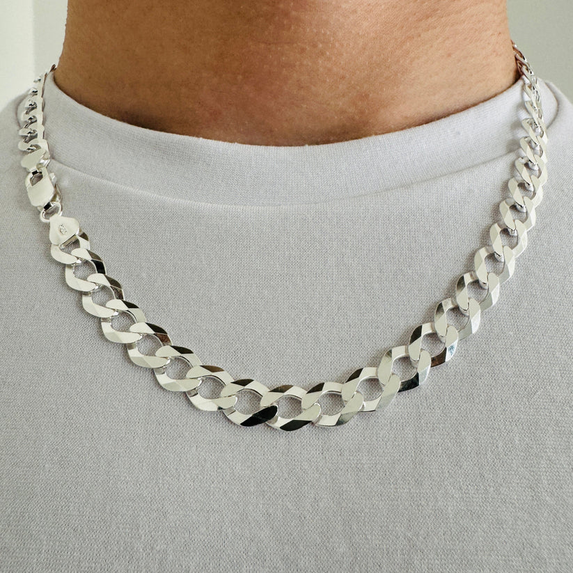 925 Sterling Silver Rhodium Plated Super Flat Curb Chain or Bracelet – 9mm – Made in Italy