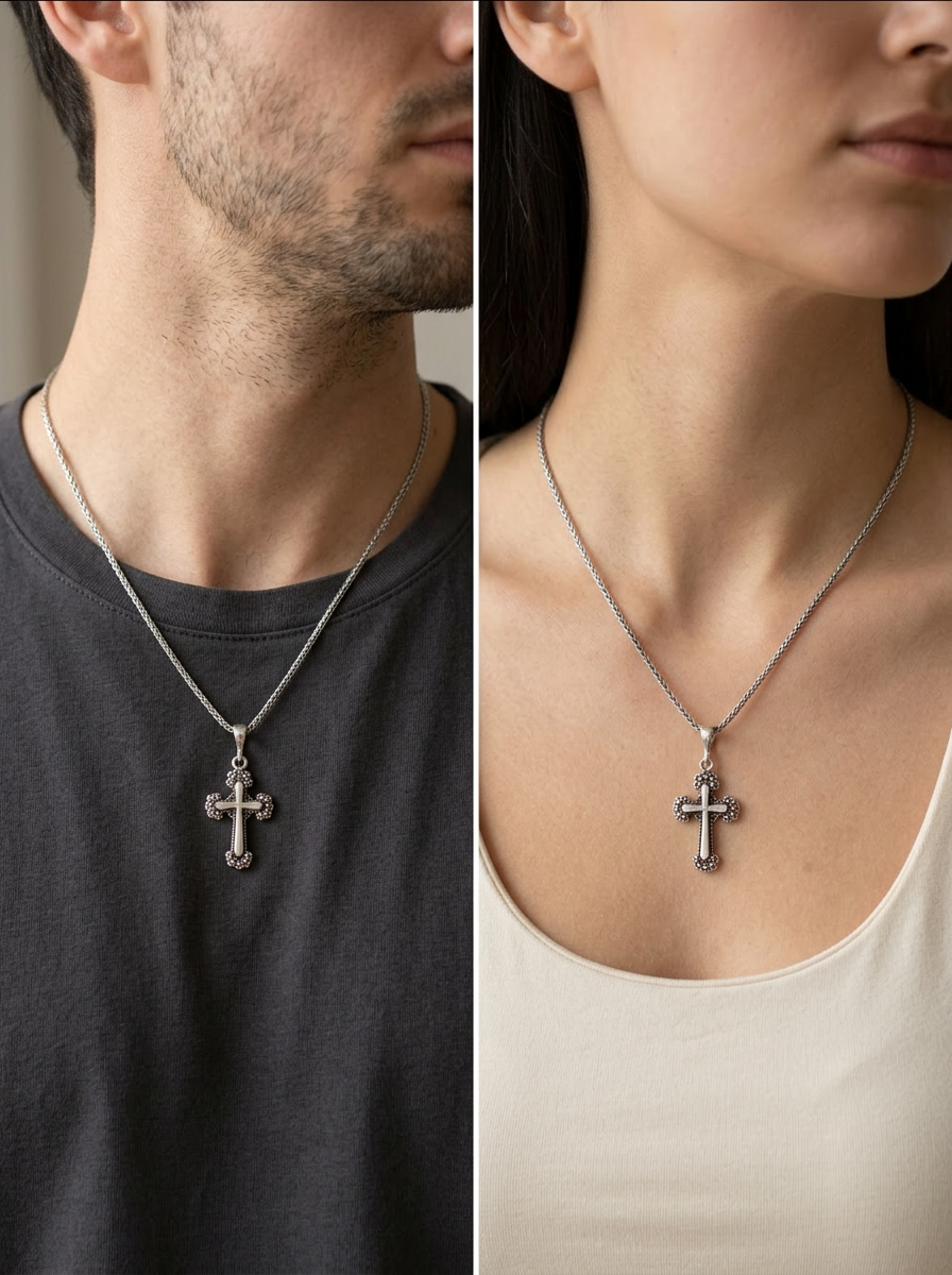 Sterling Silver Small Cross Necklace – Oxidized Cross Pendant – 2mm Rope Chain 22" – Unisex
