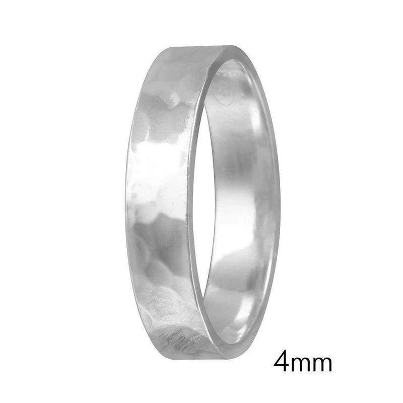 High Polished 925 Sterling SilverHand Hammered Wedding Band Flat Ring 4MM