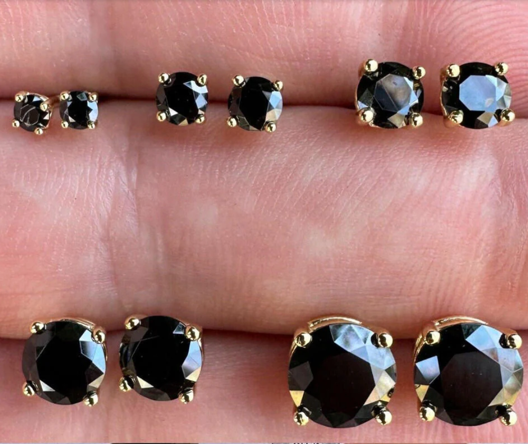 14 Karat Yellow Gold Screw Backing Black CZ Round Stud Earring