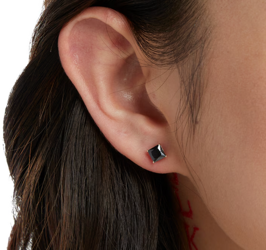 14 Karat Yellow Gold Push Backing Black CZ Square Stud Earring