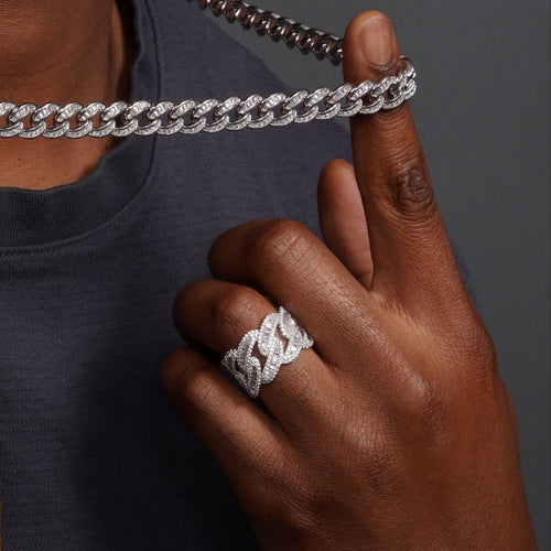 Men's Sterling 925 Sterling Silver Rhodium CZ Encrusted Chain Link Ring