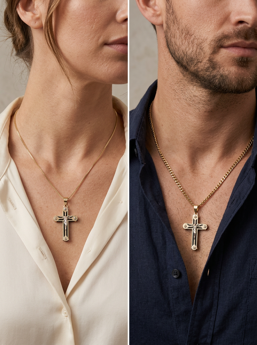 14 Karat Yellow Gold Cross Jesus Christ Black Enamel 18.3mm x 30.5mm Pendant