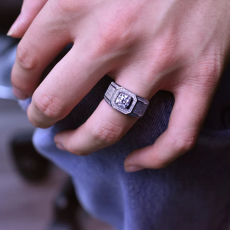 Rhodium Plated 925 Sterling Silver Men's 1 Carat Moissanite Stones Encrusted Statement Ring