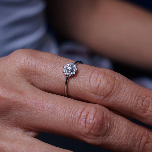 Rhodium Plated 925 Sterling Silver Flower Moissanite Ring