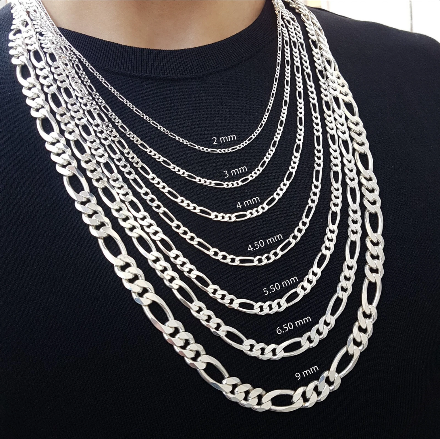 925 Sterling Silver Figaro Link Chain Necklace or Bracelet – 1mm–20mm – Made in Italy