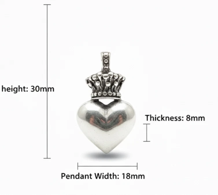 Sterling silver Heart with crown pendant necklace - Oxidized - rope chain 18"