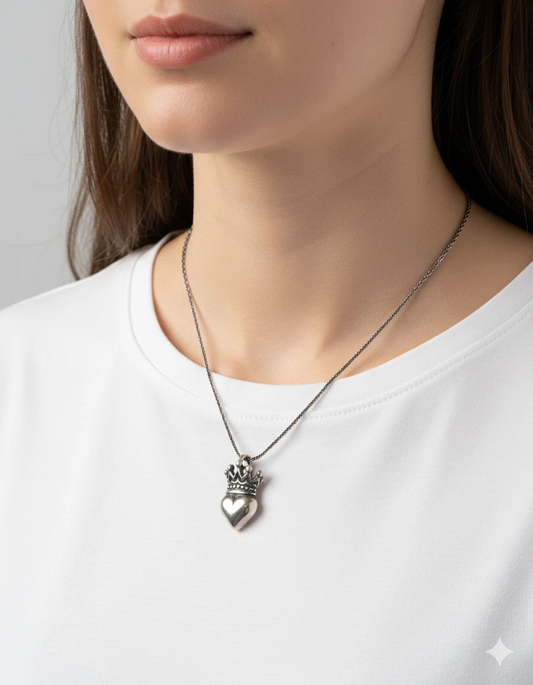 925 Sterling Silver Crowned Heart Pendant Necklace - Unique Royal Design on 18”