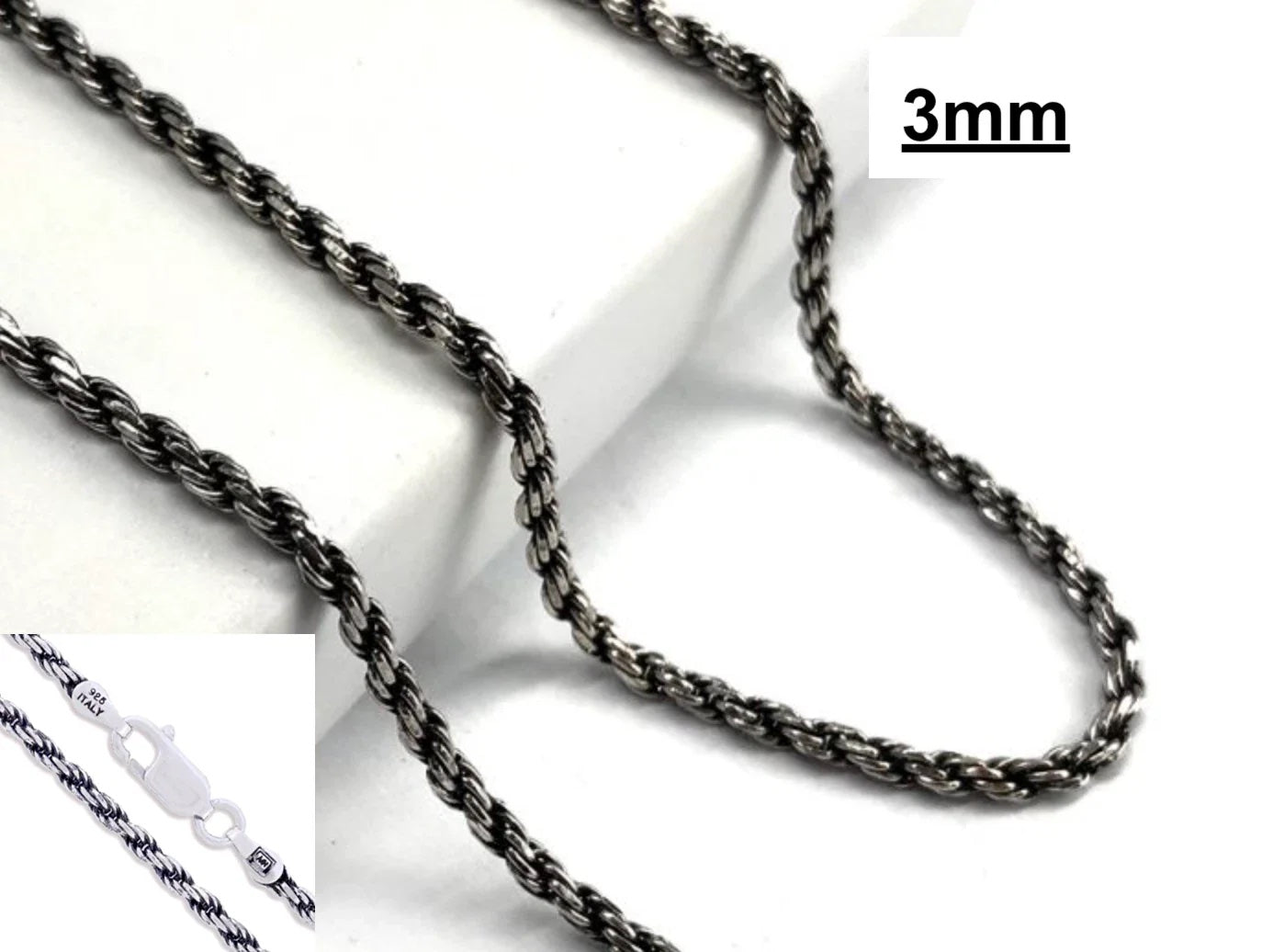 Sterling Silver Diamond-Cut Oxidized Rope Chain 3 mm 925 Antiqued Necklace