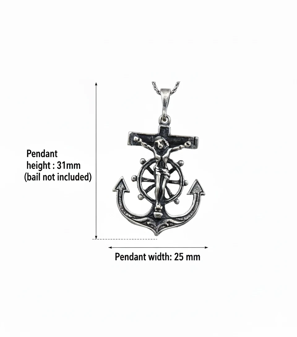 Sterling Silver Crucifix Anchor Pendant Necklace – Oxidized Rope Chain 18"