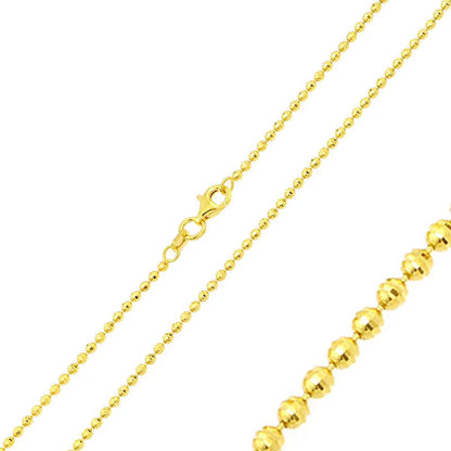Horizontal Diamond Cut Bead Chain Necklace – Gold Plated 925 Sterling Silver – 2mm – 16"–30" – Made in Italy