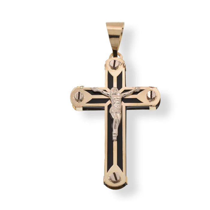14 Karat Yellow Gold Cross Jesus Christ Black Enamel 18.3mm x 30.5mm Pendant