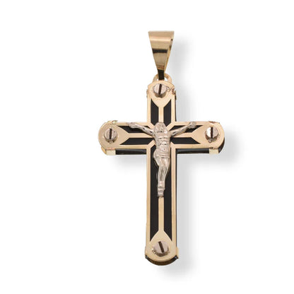 14 Karat Yellow Gold Cross Jesus Christ Black Enamel 18.3mm x 30.5mm Pendant
