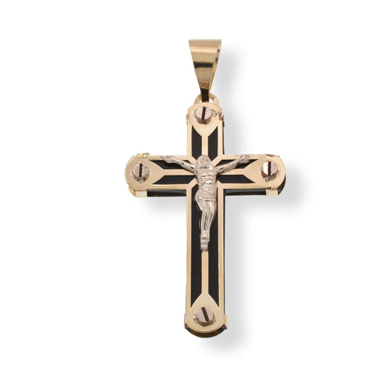 14 Karat Yellow Gold Cross Jesus Christ Black Enamel 18.3mm x 30.5mm Pendant