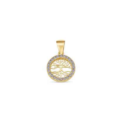 14 Karat Yellow Gold 11.5mm Reversible Tree of Life Clear or Clear Blue and Green CZ Studded Pendant