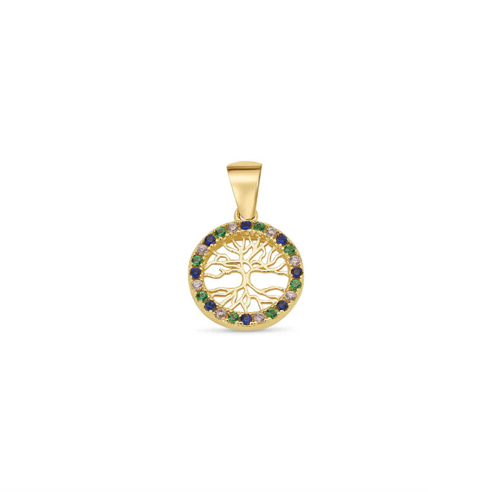 14 Karat Yellow Gold 11.5mm Reversible Tree of Life Clear or Clear Blue and Green CZ Studded Pendant
