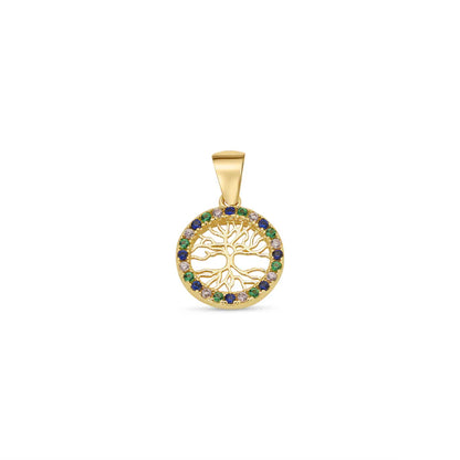 14 Karat Yellow Gold 11.5mm Reversible Tree of Life Clear or Clear Blue and Green CZ Studded Pendant