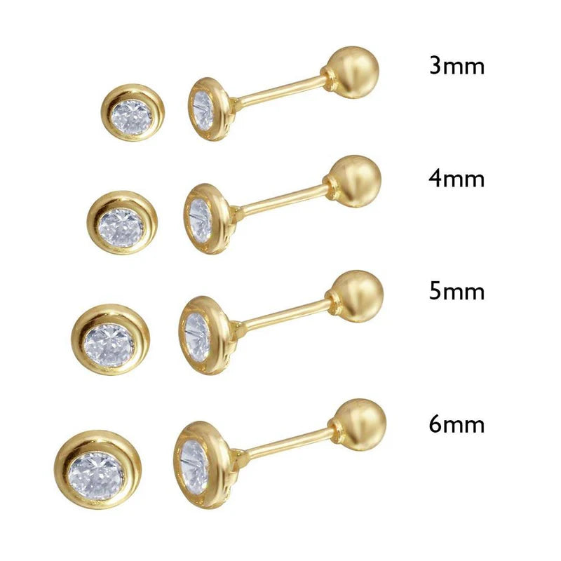 14 Karat Yellow Gold Screw Back Bezel Round CZ Stud Earring