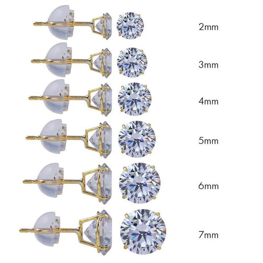 14 Karat Yellow Gold Round Silicone Backing CZ Stud Earring
