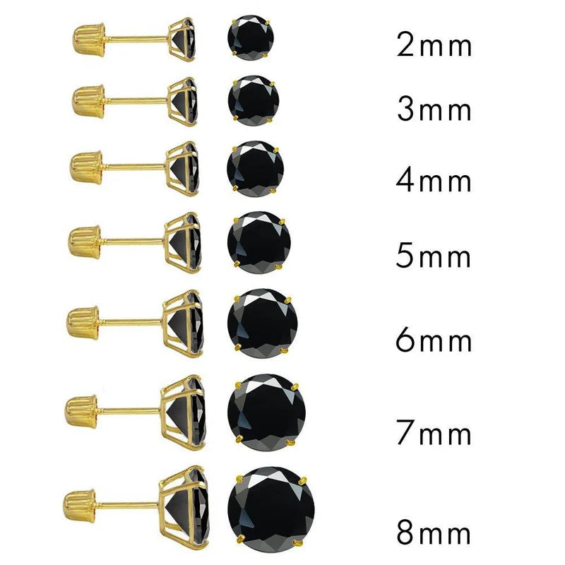 14 Karat Yellow Gold Screw Backing Black CZ Round Stud Earring