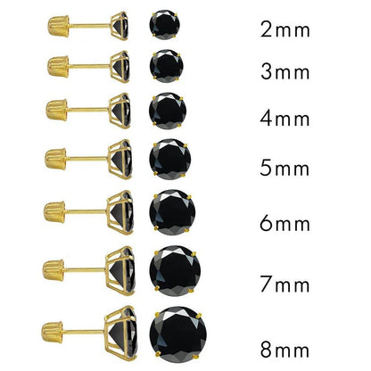 14 Karat Yellow Gold Screw Backing Black CZ Round Stud Earring