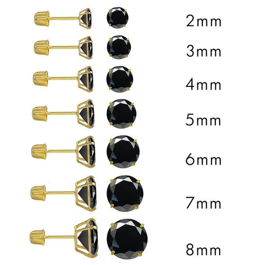 14 Karat Yellow Gold Screw Backing Black CZ Round Stud Earring