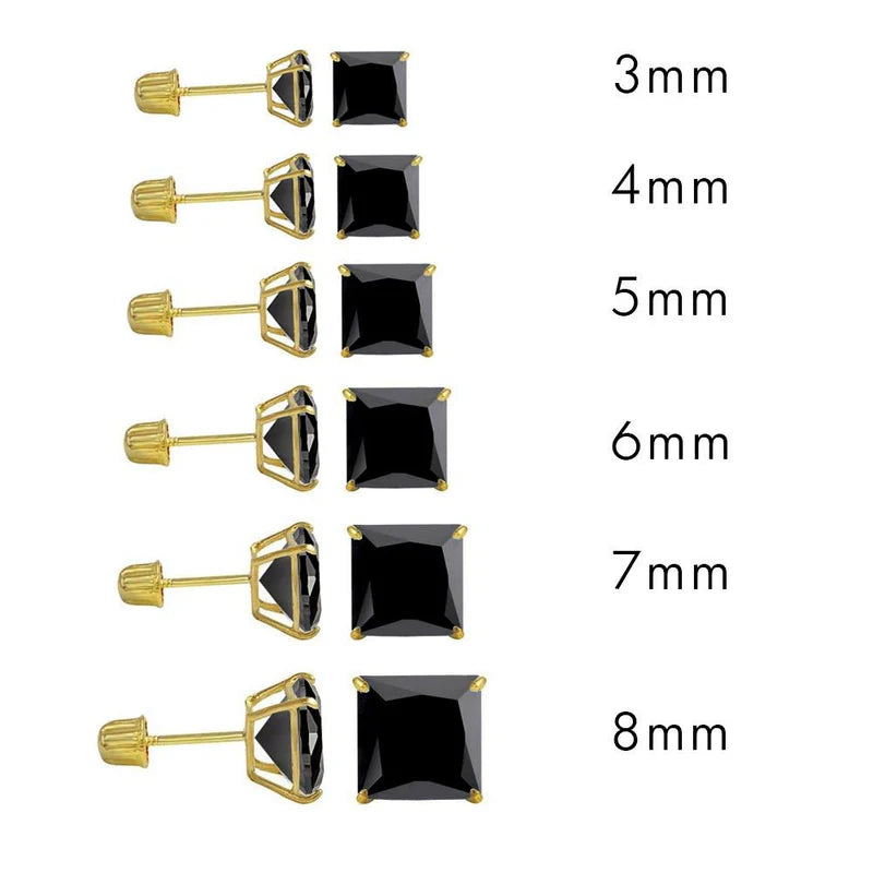 14 Karat Yellow Gold Screw Backing Black CZ Square Stud Earring