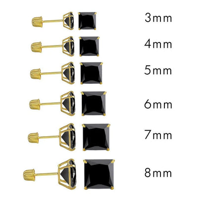 14 Karat Yellow Gold Screw Backing Black CZ Square Stud Earring