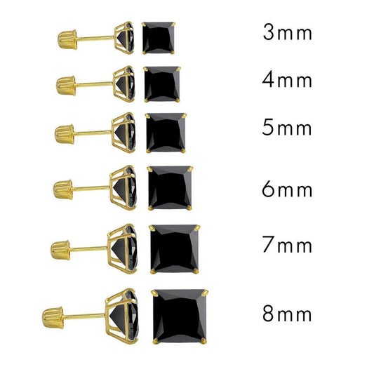 14 Karat Yellow Gold Screw Backing Black CZ Square Stud Earring