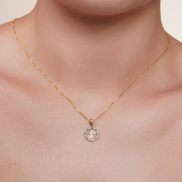 14 Karat Yellow Gold 11.5mm Reversible Tree of Life Clear or Clear Blue and Green CZ Studded Pendant