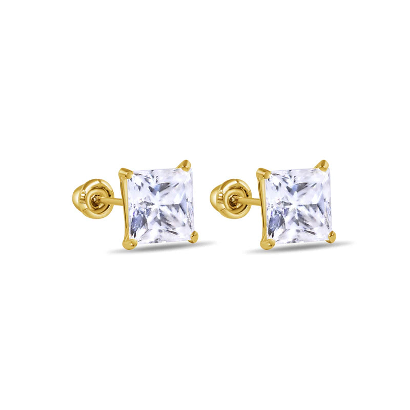 14 Karat Yellow Gold Square Moissanite Stud Screw Back Earring