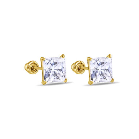 14 Karat Yellow Gold Square Moissanite Stud Screw Back Earring