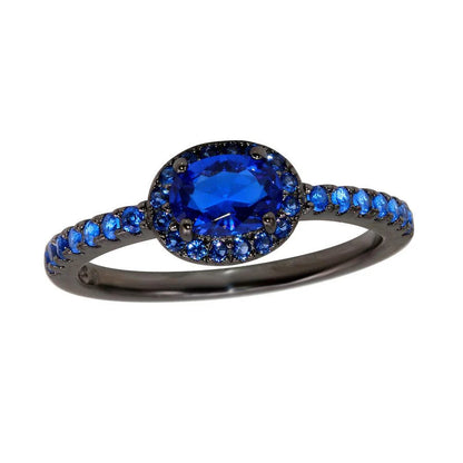 Black Rhodium Plated 925 Sterling Silver Blue Oval CZ Stone Ring
