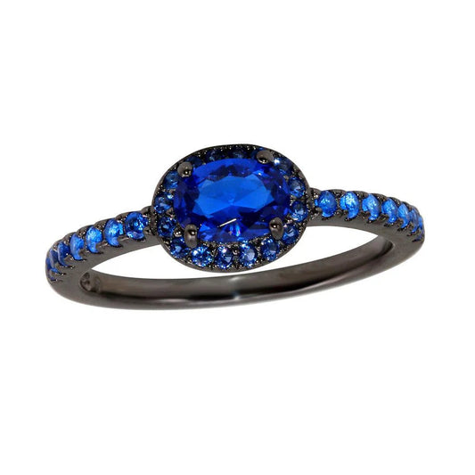 Black Rhodium Plated 925 Sterling Silver Blue Oval CZ Stone Ring