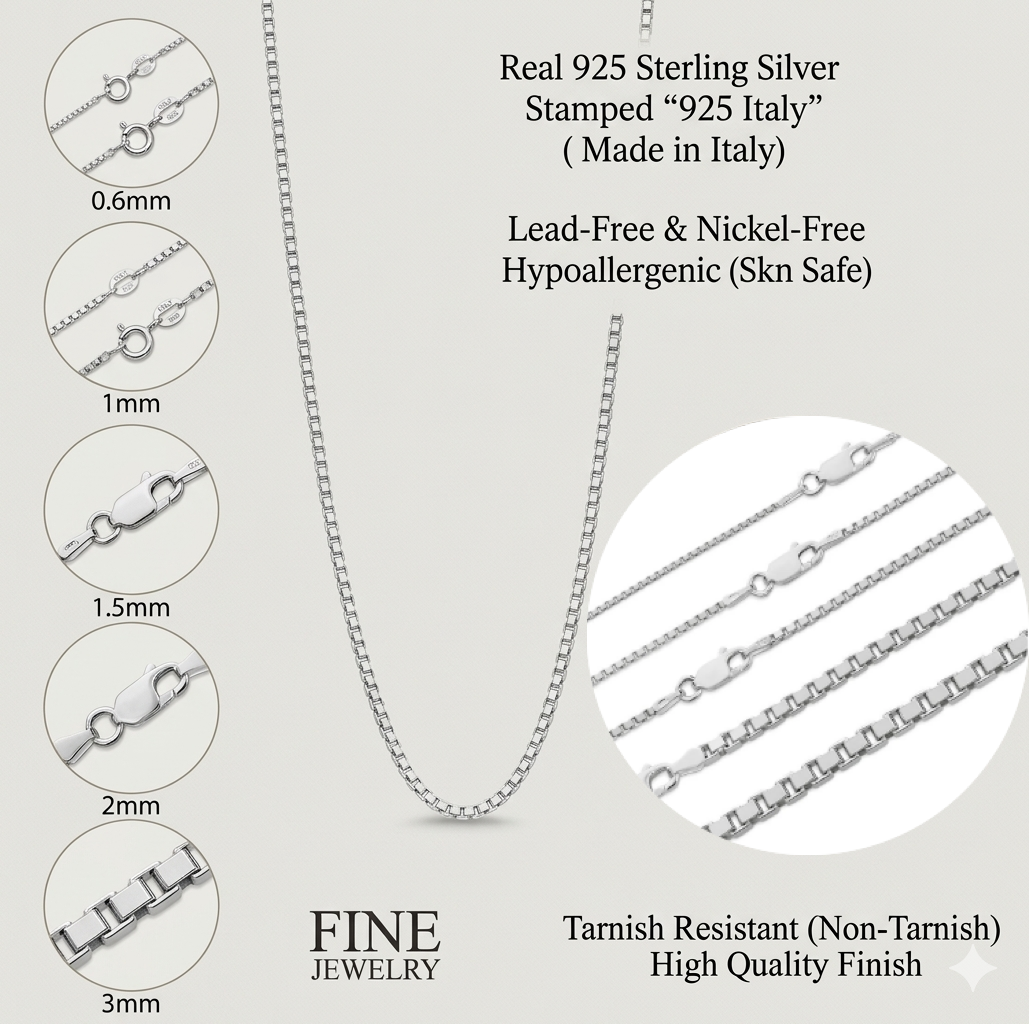 925 Sterling Silver Square Box Link Chain & Bracelet Italy 0.6 to 2mm UNISEX Made in Italy