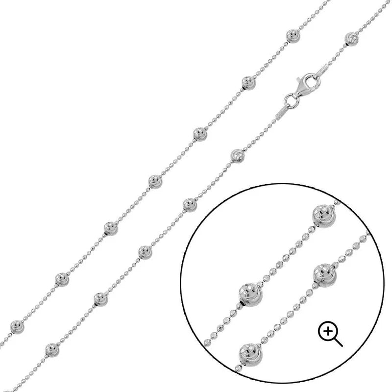 Rhodium Plated Alternating Wave Design Diamond Cut Bead Chain Necklace – 4mm – 18"–30" – Made in Italy