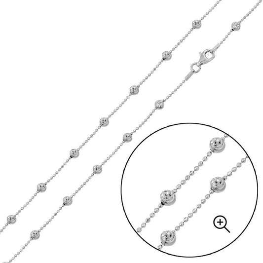 Rhodium Plated Alternating Wave Design Diamond Cut Bead Chain Necklace – 4mm – 18"–30" – Made in Italy
