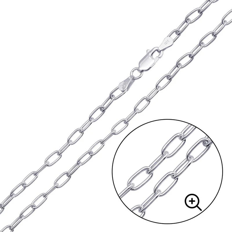 Rhodium Plated 925 Sterling Silver Oval Paperclip Link Chain or Bracelet – 3mm –  Made in Italy
