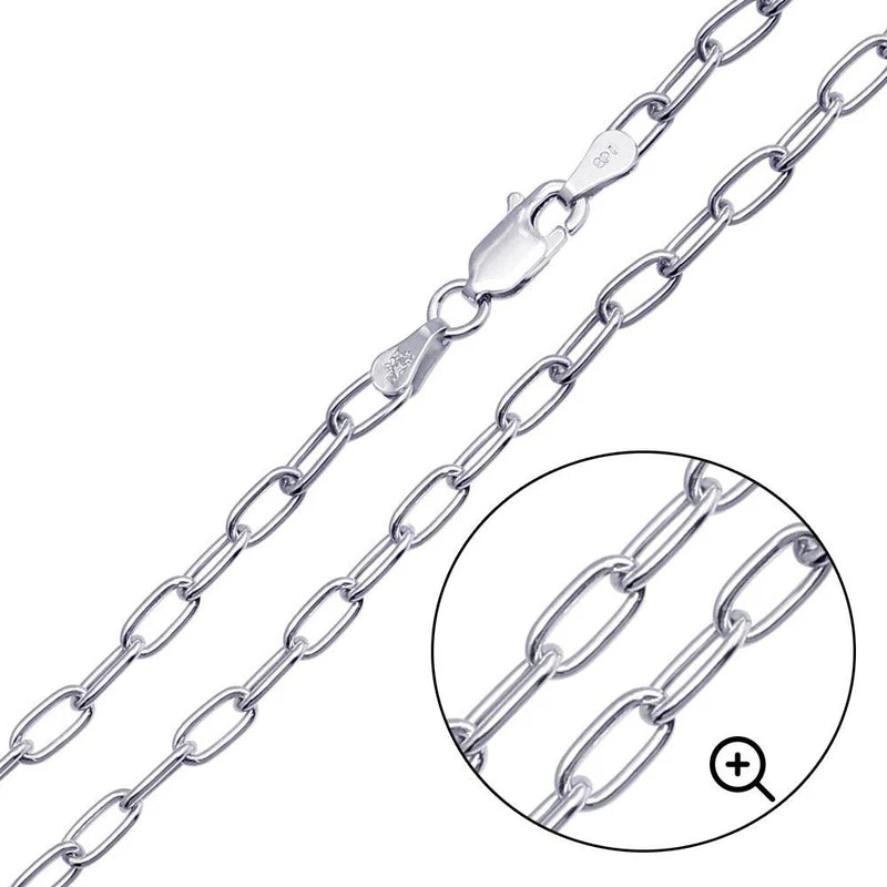 Rhodium Plated 925 Sterling Silver Oval Paperclip Link Chain or Bracelet – 4mm – Made in Italy
