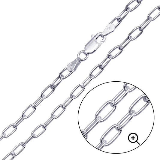 Rhodium Plated 925 Sterling Silver Oval Paperclip Link Chain or Bracelet – 4mm – Made in Italy