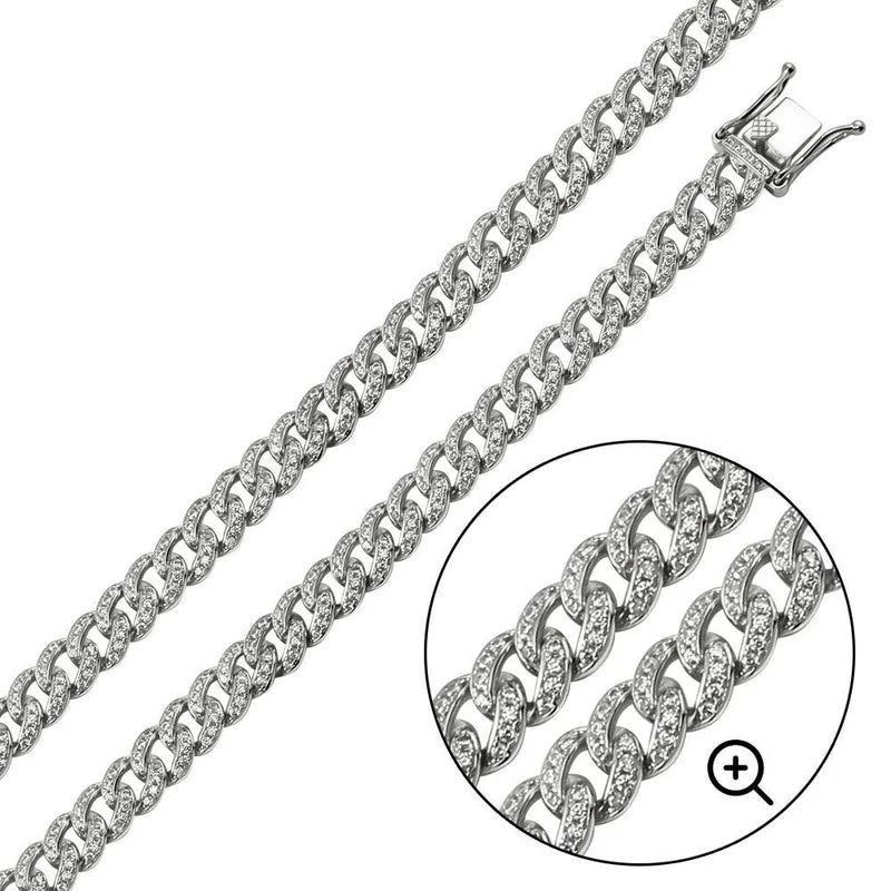 Rhodium Plated 925 Sterling Silver CZ Encrusted Curb Chain or Bracelet 9mm
