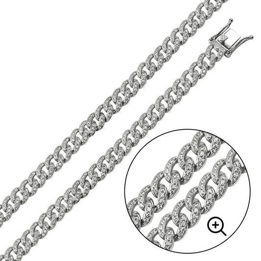 Rhodium Plated 925 Sterling Silver CZ Encrusted Curb Chain or Bracelet 9mm