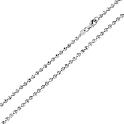 Rhodium Plated Wave Design Diamond Cut Bead Chain Necklace 2mm – 16"–24" – Made in Italy