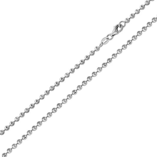 Rhodium Plated Wave Design Diamond Cut Bead Chain Necklace 2mm – 16"–24" – Made in Italy