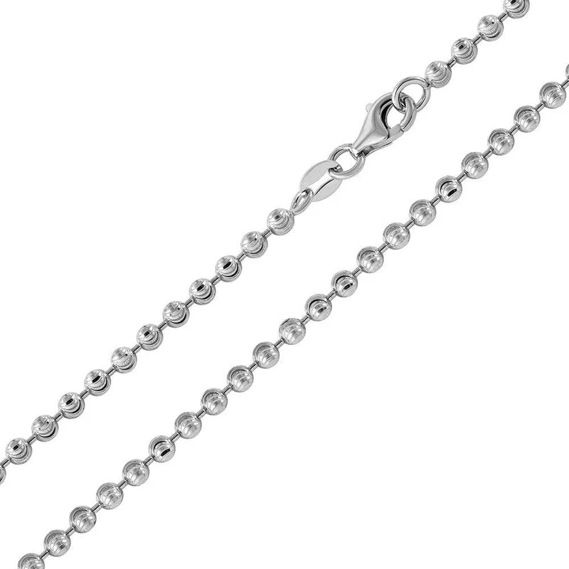 Rhodium Plated Wave Design Diamond Cut Bead Chain Necklace – 3mm – 16"–30" – Made in Italy